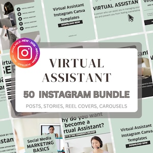 May include: A digital bundle of 50 Instagram templates for virtual assistants, featuring sage green backgrounds with black text. The collection includes posts, stories, reel covers, and carousels with various layouts, icons, and marketing-related phrases.