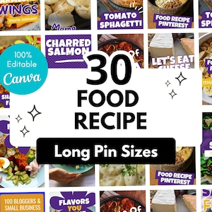 Könnte beinhalten: Eine Collage von Essensbildern mit Textüberlagerungen, darunter "30 Food Recipe" und "Long Pin Sizes". Die Bilder zeigen verschiedene Gerichte wie Salate, Burger und Pasta, mit Canva-Branding und Pinterest-Referenzen.