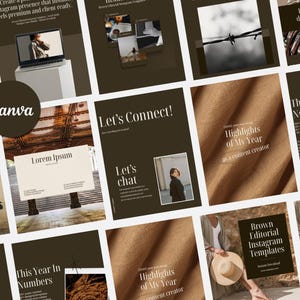 May include: A collection of brown and beige Instagram templates with various layouts. The templates include text such as "Brown Editorial Instagram Templates", "Let's Connect!", and "Highlights of My Year". The Canva logo is also visible.