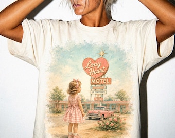Retro Motel Girl Watercolor Graphic Tee, Vintage Americana Coquette Style