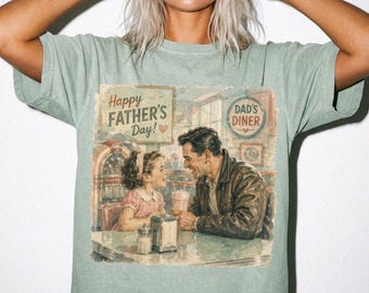 1950s Diner Dad Daughter Retro Watercolor T-Shirt, Father's Day Milkshake Date Tee