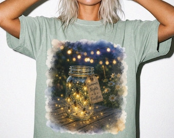 Summer Nights Fireflies Mason Jar Watercolor Shirt, Cottagecore Graphic Tee