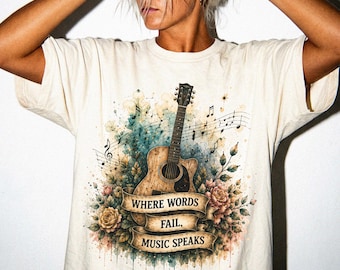 Vintage Acoustic Guitar Floral T-Shirt, Boho Music Lover Tee