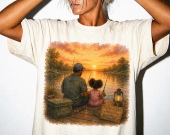 Father Daughter Fishing Sunset Lake Watercolor T-Shirt, Daddy Daughter Buddies Tee