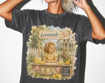 Vintage Lemonade Stand Girl Shirt, Retro Americana Watercolor Graphic Tee