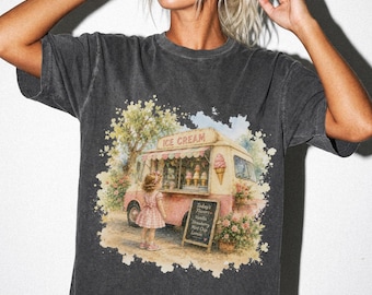 Retro Ice Cream Truck Watercolor Shirt, Pastel Summer Cottagecore Tee