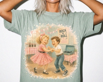 Retro Rock N Roll Kids Shirt, 50s Dance Graphic Tee, Pastel Rockabilly Nostalgia