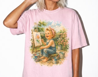 Little Artist Girl Watercolor Shirt, Retro Painting Kid Tee, Cozy Cottagecore Style