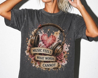 Vintage Music Lover Shirt, Retro Headphones Watercolor Heart Tee