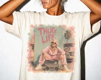 Vintage Thug Life Grandma Shirt, Retro Gangster Grandma Tee, Funny Old Lady Graphic T-Shirt, Pastel Aesthetic Grandma Streetwear Gift