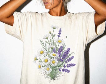Lavender Daisy Bouquet Shirt, Watercolor Botanical Floral Tee