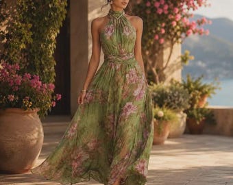 Grünes Blumen-Neckholder-Maxikleid, rückenfreies Chiffon-Sommerkleid, Boho Resort Wear