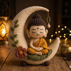 Può includere: Una statuetta di Buddha all'uncinetto, seduta nella posizione del loto su una luna crescente color crema. Il Buddha indossa una veste gialla e ha un'espressione serena. La luna ha dettagli floreali verdi e rosa. La statuetta è su una superficie di legno.