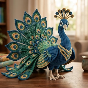Op de afbeelding: Handgemaakte pauwenfiguur met een levendige weergave van blauw, groen en goud. De gehaakte pauw heeft een waaierstaart en een decoratieve kuif. De vogel staat op een houten tafel.