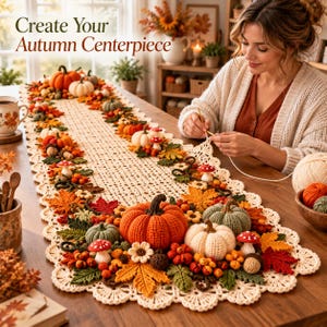 Peut inclure: Un chemin de table en crochet couleur crème orné d'éléments d'automne en laine, notamment des citrouilles orange, blanches et vertes, des champignons rouges et blancs, des glands marron et des feuilles d'automne. Le texte indique Create Your Autumn Centerpiece.