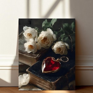 Arte floreale vittoriana / Stampa di rose bianche e cuore di rubino / Poster d'amore gotico / Decorazione romantica dark academia / Stampa con ciondolo a cuore vintage