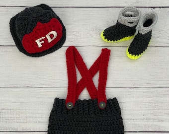 Baby Boy Firefighter Fireman Hat Outfit 4pc Crochet Pant Set w/Susp and Boots, Newborn, 0-3M, Photo Prop - MADE TO ORDER