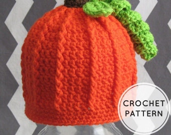 May include: Orange crochet pumpkin hat with a brown stem and green leaves. CROCHET PATTERN text is visible in the image.