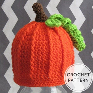 May include: Orange crochet pumpkin hat with a brown stem and green leaves. CROCHET PATTERN text is visible in the image.