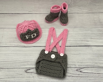 Baby Girl Firefighter Fireman Hat Outfit 4pc Crochet Diaper Cover Set w/Susp & Boots, Newborn, 0-3M, Photo Prop - MADE TO ORDER