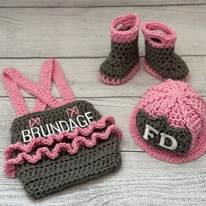 Baby Girl Firefighter Fireman Hat Outfit 4pc Crochet Diaper Cover Set w/Susp, Ruffles and Boots, Newborn, 0-3M, Photo Prop - MADE TO ORDER