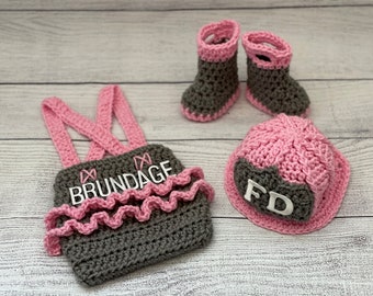 Baby Girl Firefighter Fireman Hat Outfit 4pc Crochet Diaper Cover Set w/Susp, Ruffles and Boots, Newborn, 0-3M, Photo Prop - MADE TO ORDER