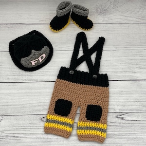 Baby Boy Firefighter Fireman Hat Outfit 4pc Crochet Pant Set w/Susp and Boots, Newborn, 0-3M, Photo Prop - MADE TO ORDER