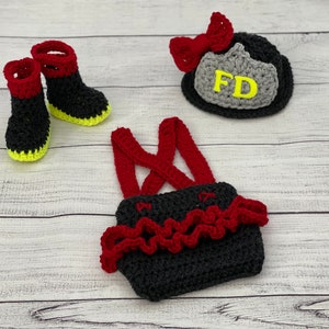 Baby Girl Fireman Hat Outfit 4pc Crochet Diaper Cover Set w/Susp, Ruffles, Bow, Boots, Newborn, 0-3M, Photo Prop - MADE TO ORDER