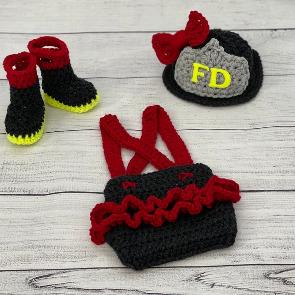 Baby Girl Fireman Hat Outfit 4pc Crochet Diaper Cover Set w/Susp, Ruffles, Bow, Boots, Newborn, 0-3M, Photo Prop - MADE TO ORDER