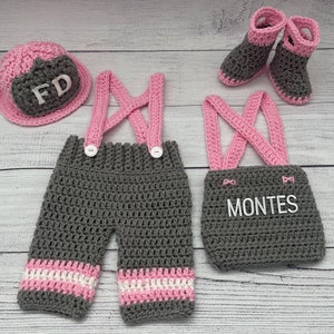 Baby Girl Firefighter Fireman Hat Outfit 5pc Crochet Diaper Cover and Pant Set w/Susp, and Boots, Newborn, 0-3M, Photo Prop MADE TO ORDER Entire 5pc Outfit