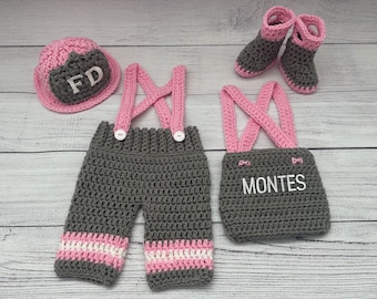 Crochet Firefighter Outfit: Baby Girl Hat, Diaper Cover, Pants
