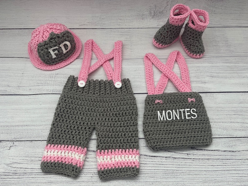 Baby Girl Firefighter Fireman Hat Outfit 5pc Crochet Diaper Cover and Pant Set w/Susp, and Boots, Newborn, 0-3M, Photo Prop MADE TO ORDER Entire 5pc Outfit