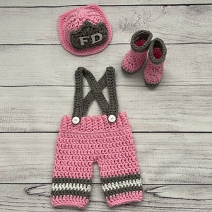 Baby Girl Firefighter Fireman Hat Outfit 4pc Crochet Pant Set w/Susp and Boots, Newborn, 0-3M, Photo Prop - MADE TO ORDER
