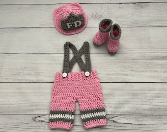 Baby Girl Firefighter Fireman Hat Outfit 4pc Crochet Pant Set w/Susp and Boots, Newborn, 0-3M, Photo Prop - MADE TO ORDER