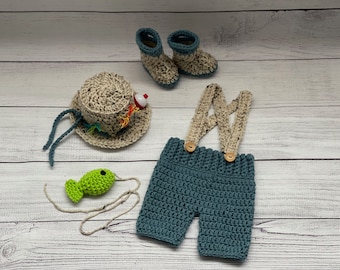 Crochet Baby Fisherman Outfit: 5pc Newborn Photo Prop Set