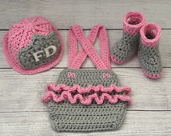Baby Girl Firefighter Fireman Hat Outfit 4pc Crochet Diaper Cover Set w/Susp, Ruffles and Boots, Newborn, 0-3M, Photo Prop - MADE TO ORDER