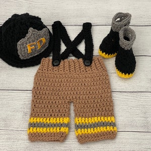 Baby Boy Firefighter Fireman Hat Outfit 4pc Crochet Pant Set w/Susp and Boots, Newborn, 0-3M, Photo Prop MADE TO ORDER Entire Outfit