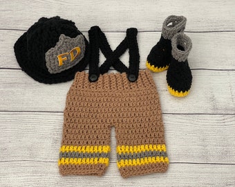 Baby Boy Firefighter Fireman Hat Outfit 4pc Crochet Pant Set w/Susp and Boots, Newborn, 0-3M, Photo Prop - MADE TO ORDER