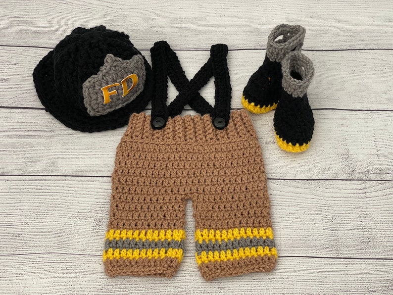 Baby Boy Firefighter Fireman Hat Outfit 4pc Crochet Pant Set w/Susp and Boots, Newborn, 0-3M, Photo Prop MADE TO ORDER Entire Outfit