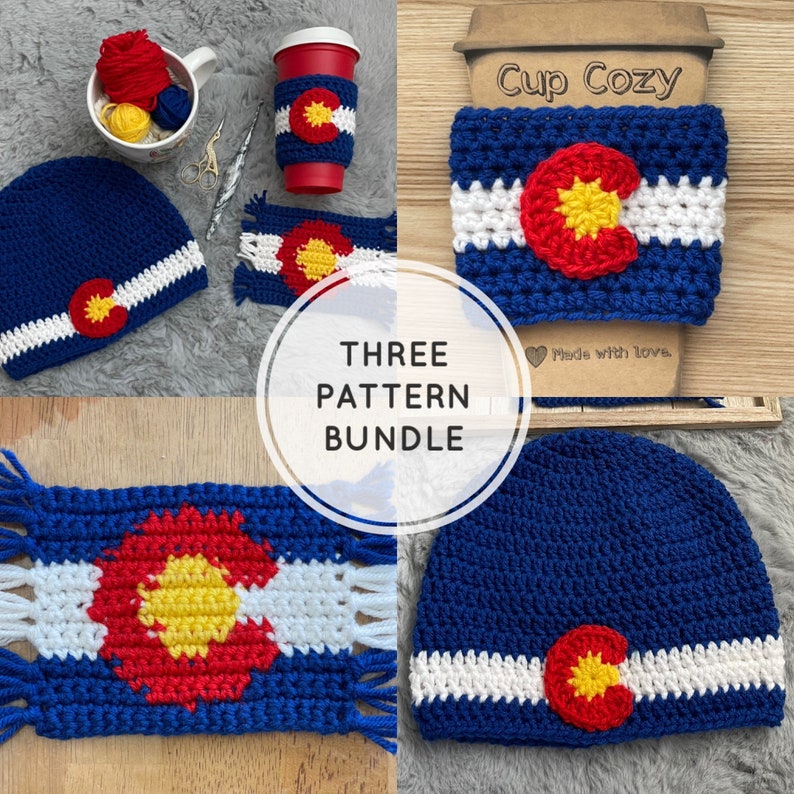 3 Crochet PATTERN Bundle The Colorado Trio Beanie, Cup Cozy and Mug Rug/Coaster image 1