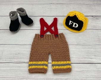 Baby Boy Firefighter Fireman Hat Outfit 4pc Crochet Pant Set w/Susp and Boots, Newborn, 0-3M, Photo Prop - MADE TO ORDER