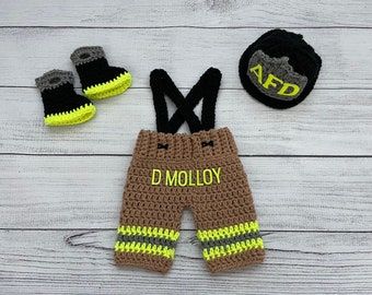 Baby Boy Firefighter Fireman Hat Outfit 4pc Crochet Pant Set w/Susp and Boots, Newborn, 0-3M, Photo Prop - MADE TO ORDER