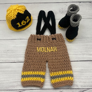 Baby Boy Firefighter Fireman Hat Outfit 4pc Crochet Pant Set w/Susp and Boots, Newborn, 0-3M, Photo Prop - MADE TO ORDER