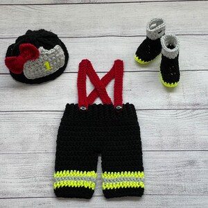 Baby Girl Fireman Hat Outfit 4pc Crochet Diaper Cover Set w/Susp, Ruffles, Bow, Boots, Newborn, 0-3M, Photo Prop - MADE TO ORDER