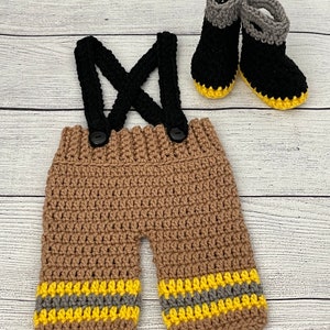 Baby Boy Firefighter Fireman Hat Outfit 4pc Crochet Pant Set w/Susp and Boots, Newborn, 0-3M, Photo Prop MADE TO ORDER Boots/Pants Only