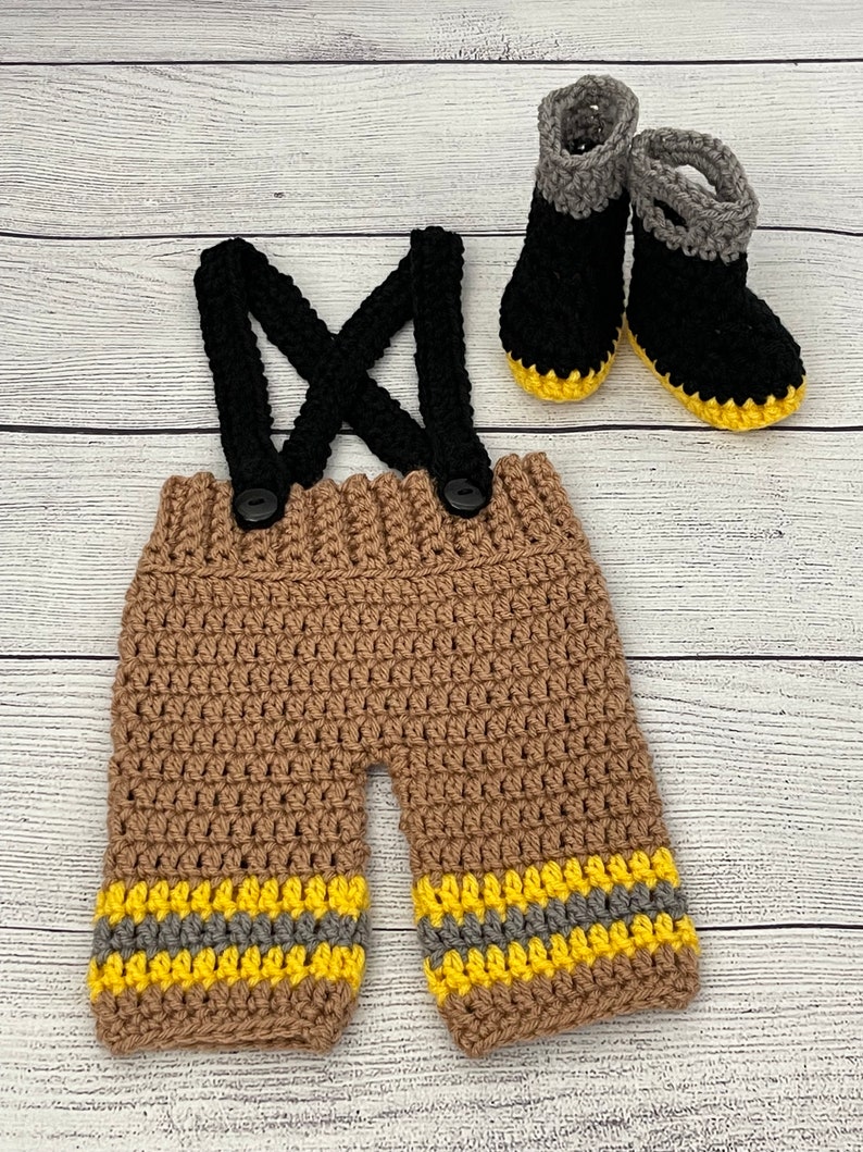 Baby Boy Firefighter Fireman Hat Outfit 4pc Crochet Pant Set w/Susp and Boots, Newborn, 0-3M, Photo Prop MADE TO ORDER Boots/Pants Only