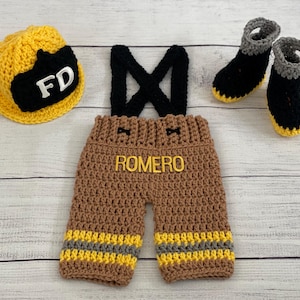 Baby Boy Firefighter Fireman Hat Outfit 4pc Crochet Pant Set w/Susp and Boots, Newborn, 0-3M, Photo Prop - MADE TO ORDER