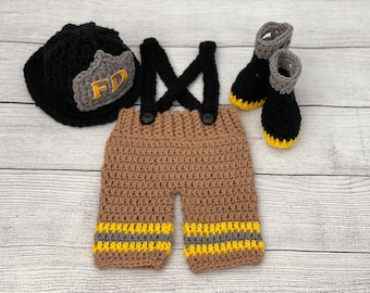 Baby Boy Firefighter Fireman Hat Outfit 4pc Crochet Pant Set w/Susp and Boots, Newborn, 0-3M, Photo Prop - MADE TO ORDER