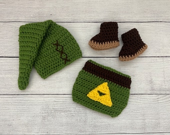 Newborn Size Legend of Zelda Link Crochet 4 pc Elf Hat and Diaper Cover Set with Boots, Photography Prop - MADE TO ORDER