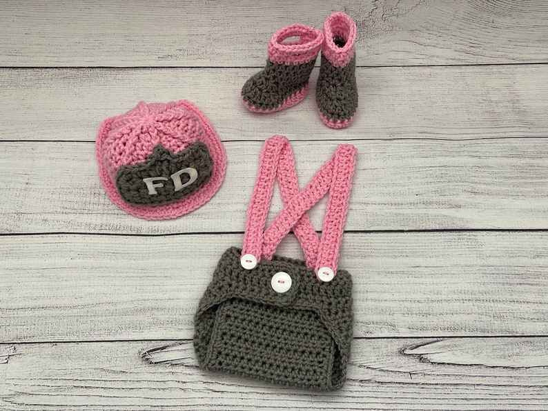 Baby Girl Firefighter Fireman Hat Outfit 5pc Crochet Diaper Cover and Pant Set w/Susp, and Boots, Newborn, 0-3M, Photo Prop MADE TO ORDER 画像 9